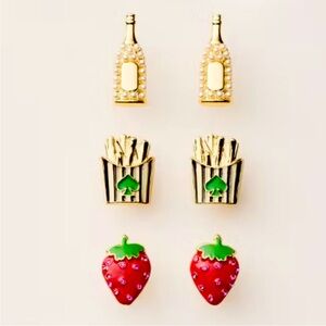 🍓 🍟 🍾 NIB Kate Spade x Target Mixed Novelty Stud Earrings 3pk Red/Green/Gold